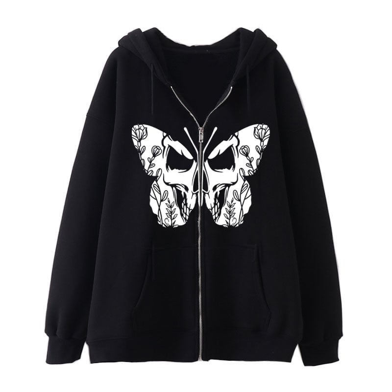 Dark Butterfly Print Casual Cardigan Zip Sweatshirt | Streetwear