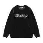 Ripped Round Neck Sweater with Skull Skeleton Design