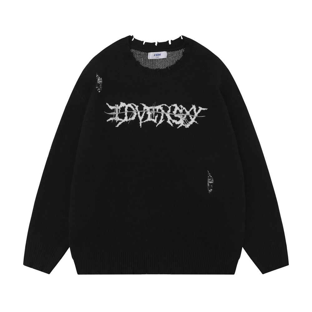 Ripped Round Neck Sweater with Skull Skeleton Design