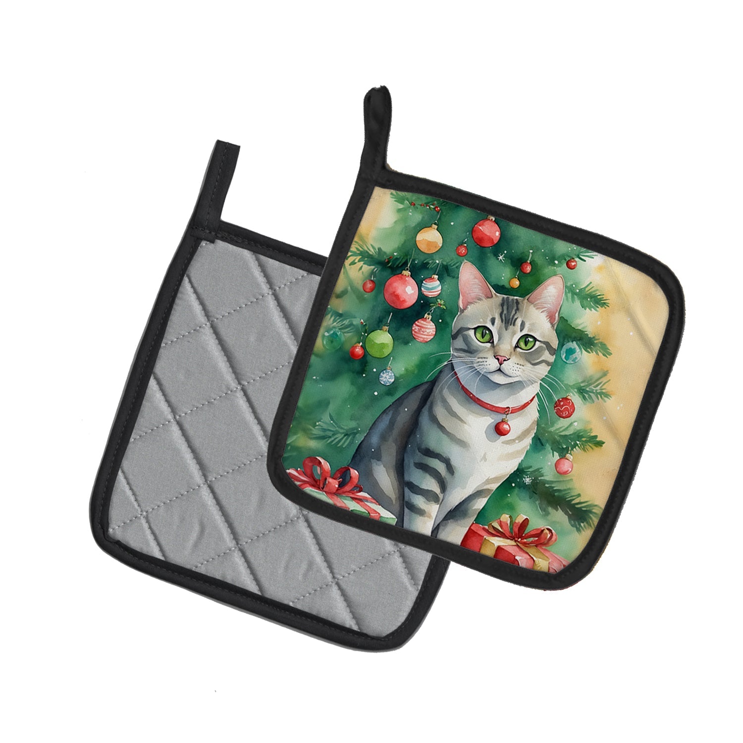 Asian Cat By the Christmas Tree Pair of Pot Holders