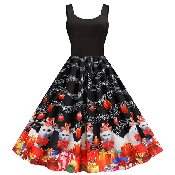 Piano Keys and Music Note Print Sleeveless Swing Dress