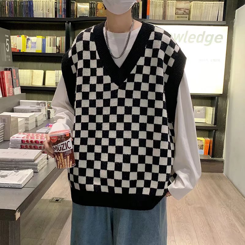 V-Neck Knit Coat for Couples with Chessboard Design