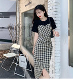 Summer Short Sleeve Splicing Plaid Dress for Women