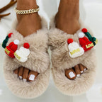 Christmas Hat Decoration Fluffy Women's Slippers | Embroidered Cap