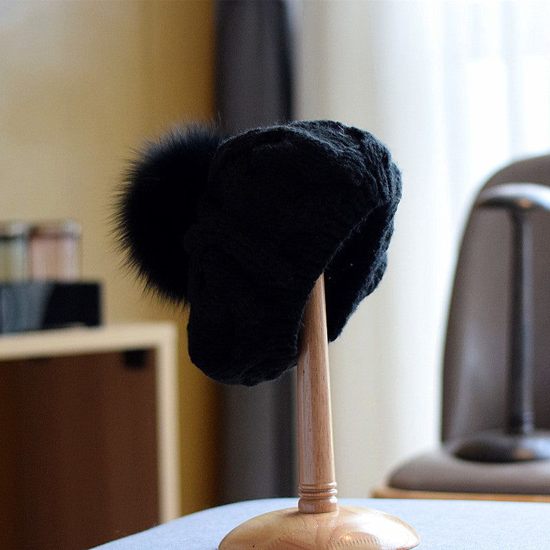Children's Wool Hat with Fox Fur Ball for Autumn/Winter | Embroidered Cap