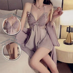 Satin Bowknot Lingerie Set with Chest Pad
