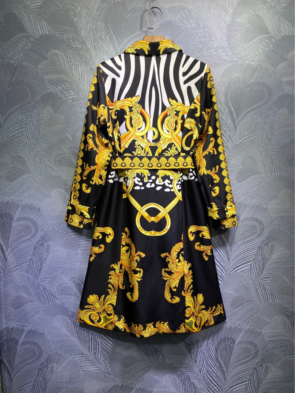 Printed Long Sleeve Trench Coat with Belt