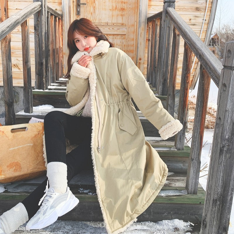 Khaki Cotton Coat with Rabbit Fur Lining