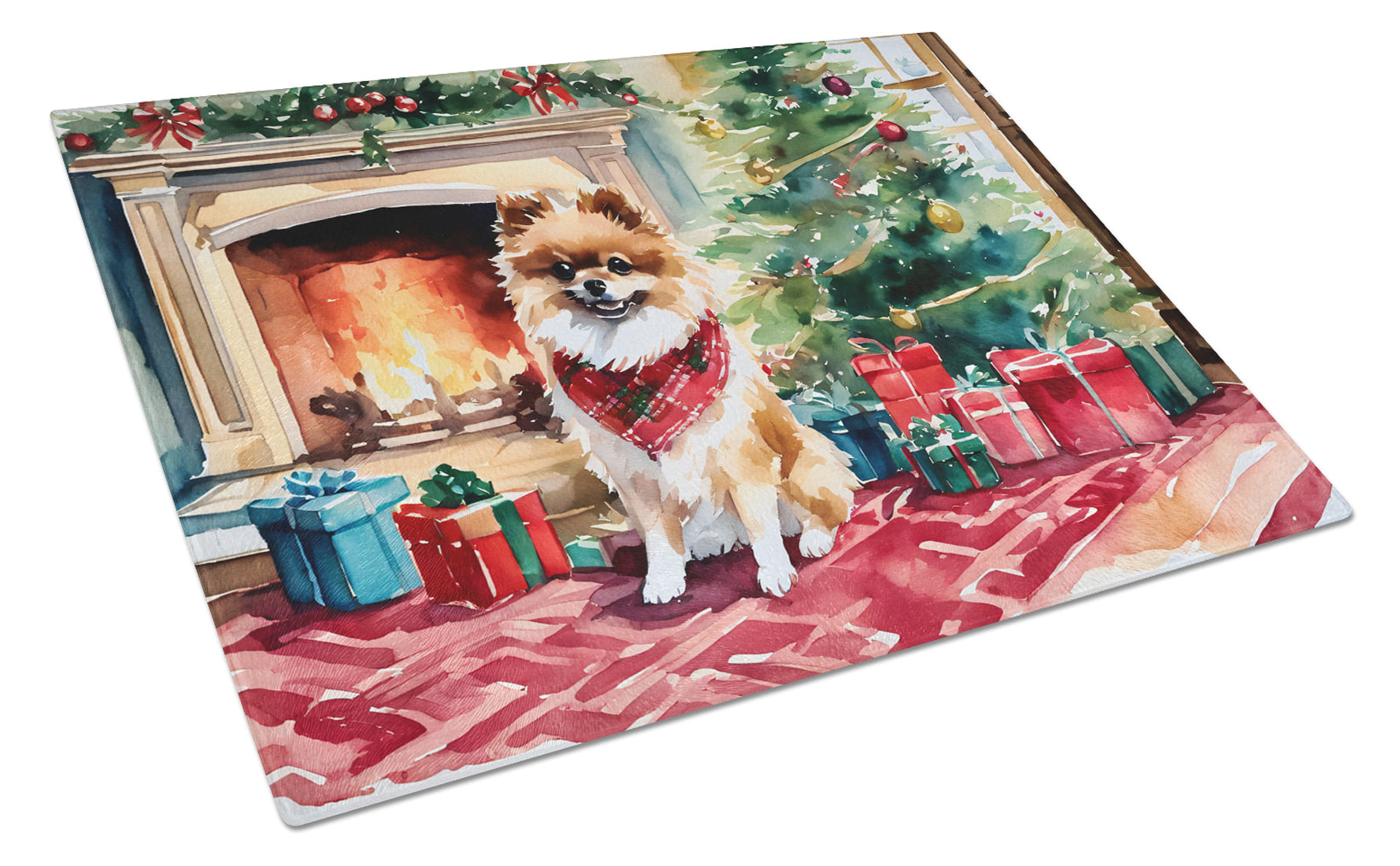 Pomeranian Cozy Christmas Glass Cutting Board