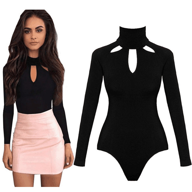 Sexy Black Long-Sleeved Hollow Out Bodysuit for Women