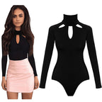 Sexy Black Long-Sleeved Hollow Out Bodysuit for Women