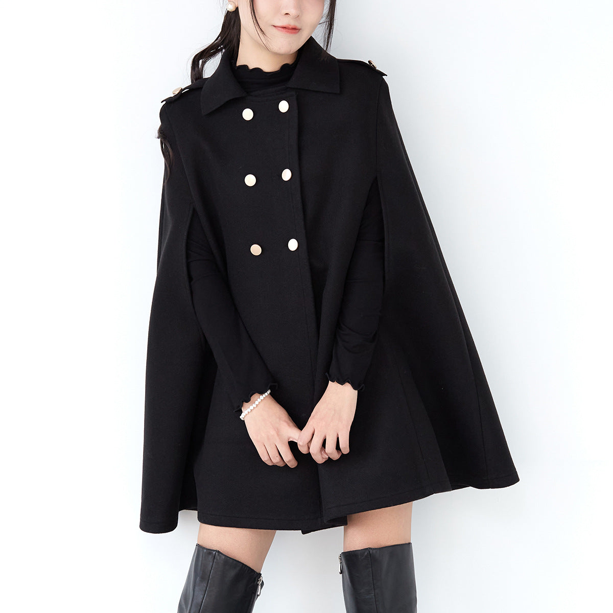 Women's Cotton Plaid Cloak Jacket with Stand Collar