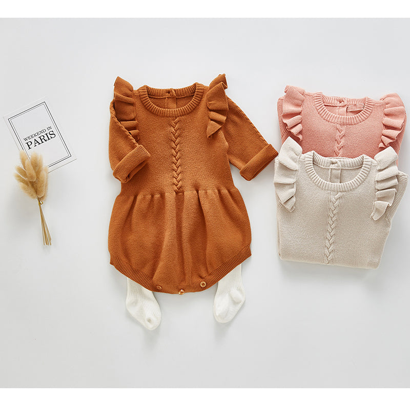 Baby Girls' Long Sleeve Knitted Ruffled Bodysuit Set