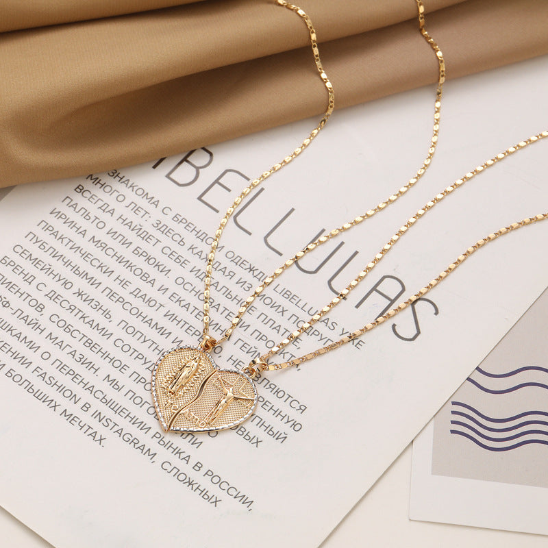 Gold Plated Two-Half Heart Couple Pendant Necklace