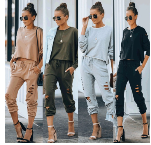 Women's Solid Color Ripped Round Neck Sweatshirt Set | Streetwear