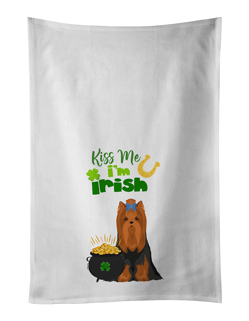 Black and Tan Full Coat Yorkshire Terrier St. Patrick's Day Kitchen Towel Set of 2