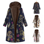 Vintage Print Cotton Hooded Zip Fleece Coat for Women