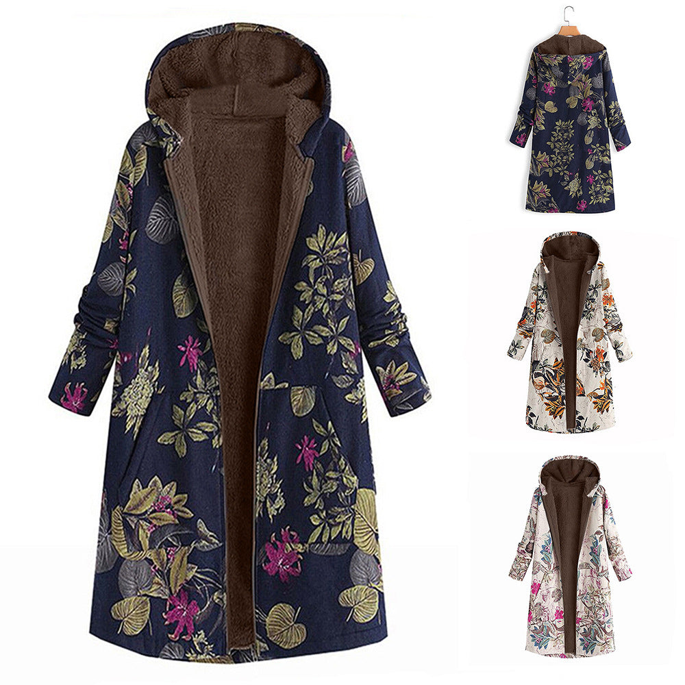 Vintage Print Cotton Hooded Zip Fleece Coat for Women