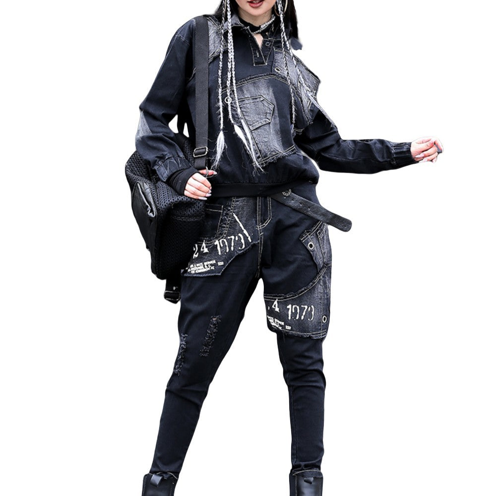 Fashion Personalized Denim Coat and Harem Pants Set