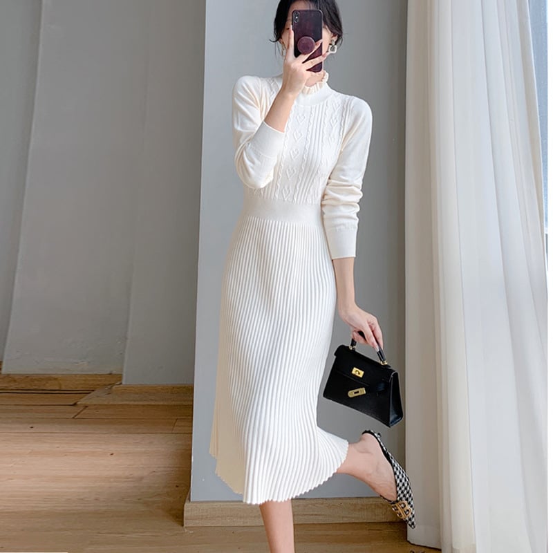 Wooden Ear Half Turtleneck Knitted Dress