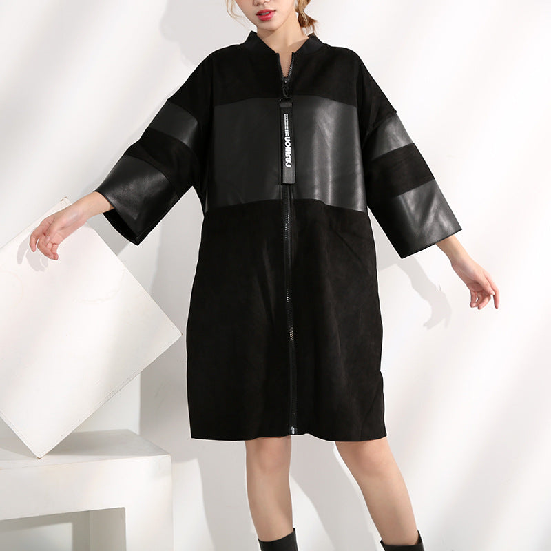 Dark PU Leather Trench Coat for Plus Size Women