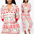 2020 Christmas Print Hooded Jumpsuit for Home Wear