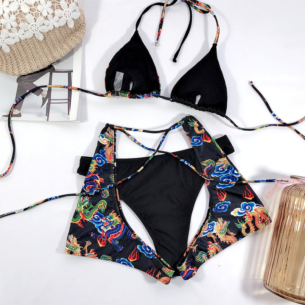 Printed Patchwork Swimwear, Bikini, 3-Piece Set