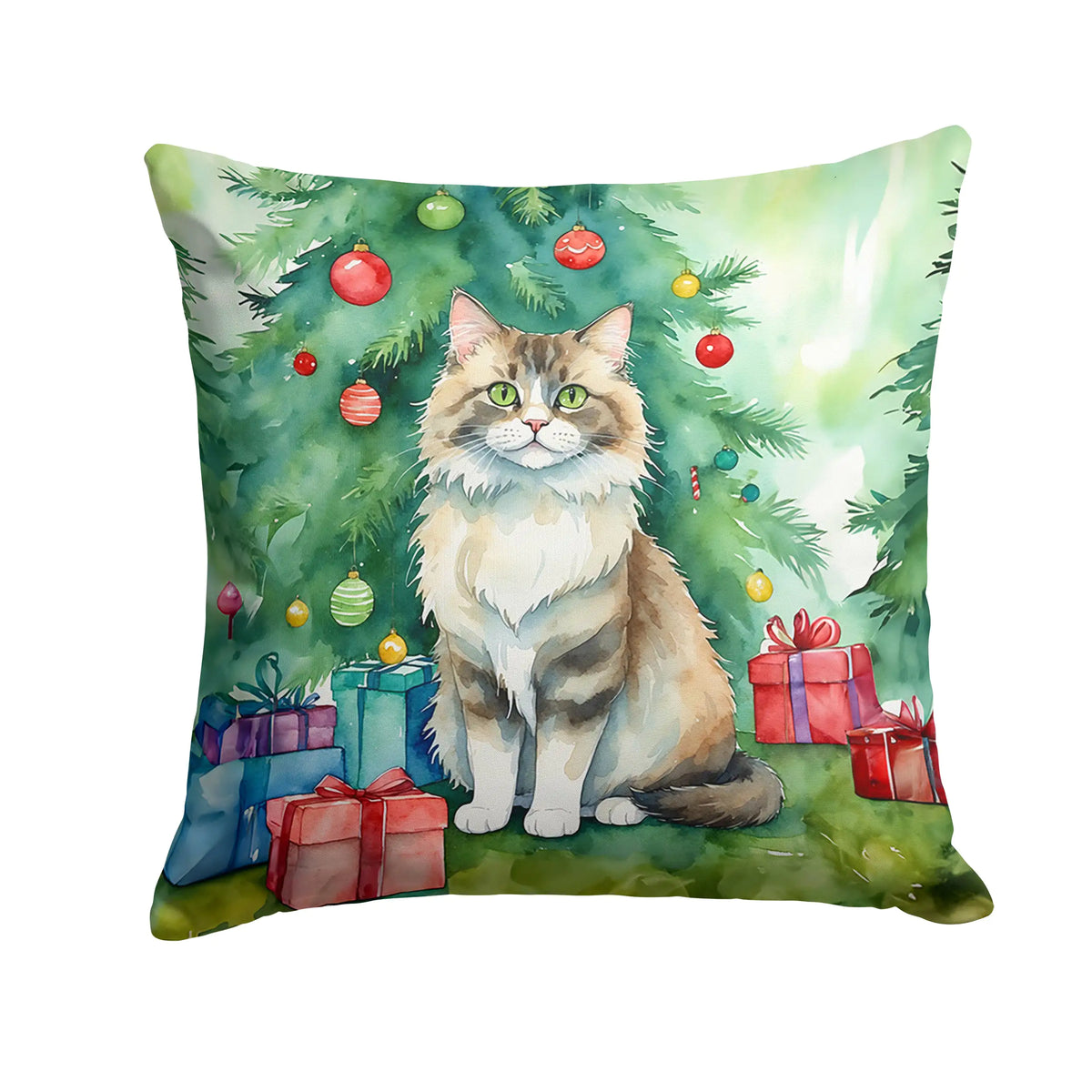 Ragamuffin Cat By the Christmas Tree Throw Pillow