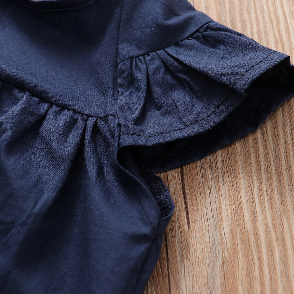 2019 Girls' White Printed Top with Denim Shorts Set