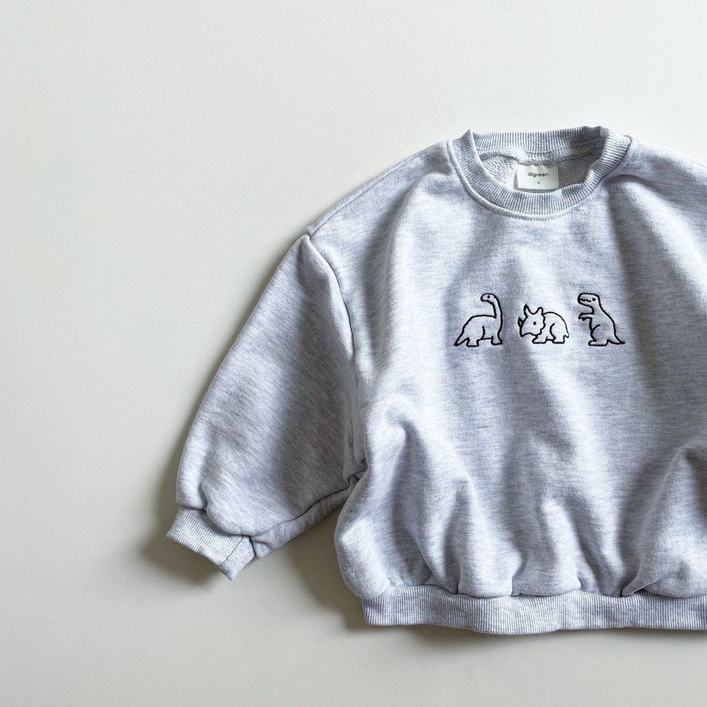 Embroidered Long Sleeve Sweater with Dinosaur Cartoon