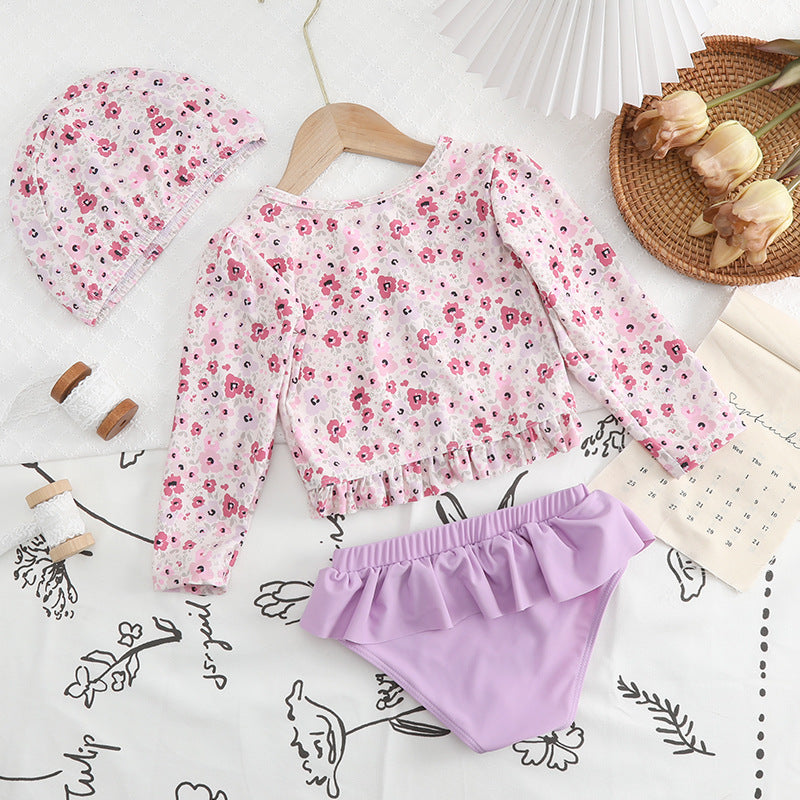 Girls' Long-Sleeved Floral Split Ruffled Swimsuit (2-10Y)