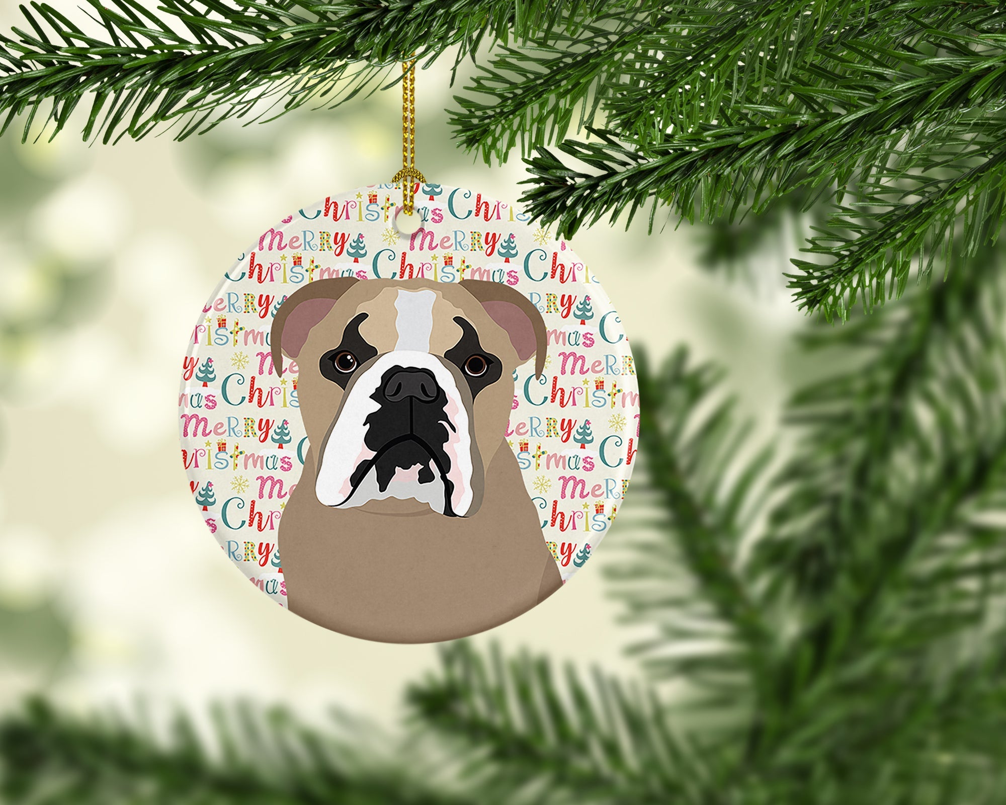 English Bulldog Lilac Tricolor Christmas Ceramic Ornament