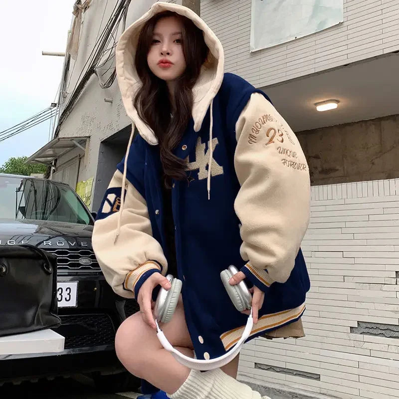 2024 Women's Retro Embroidered Hooded Baseball Jacket