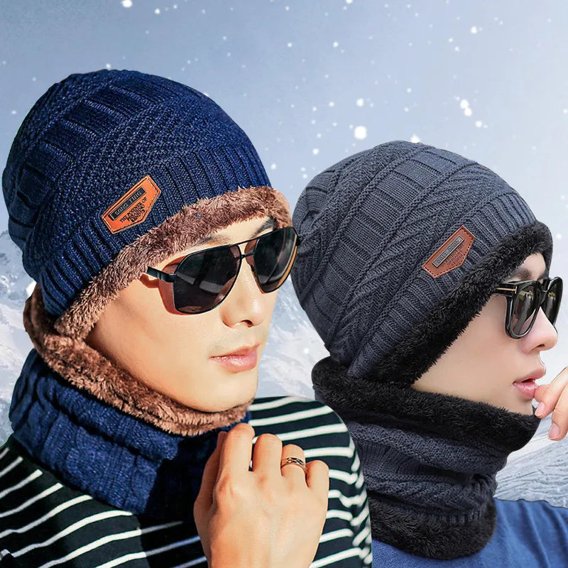 Men's Outdoor Warm Scarf & Fluff Hat | Embroidered Cap