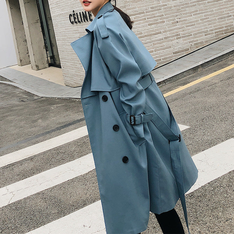Hong Kong Style Loose Blue Long Coat for Women