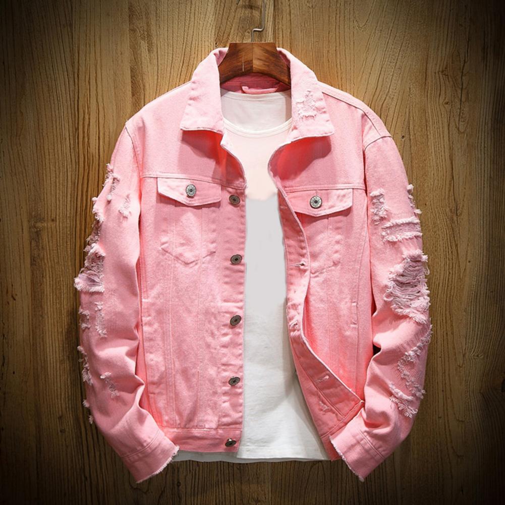 Men's Ripped Denim Jacket with Turndown Collar
