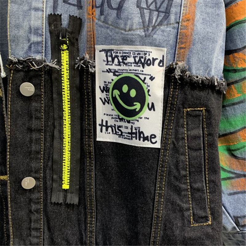 Women's Spliced Graffiti Print Denim Jacket for Streetwear