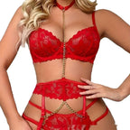 Sheer Lace Chain Lingerie & Garter Set