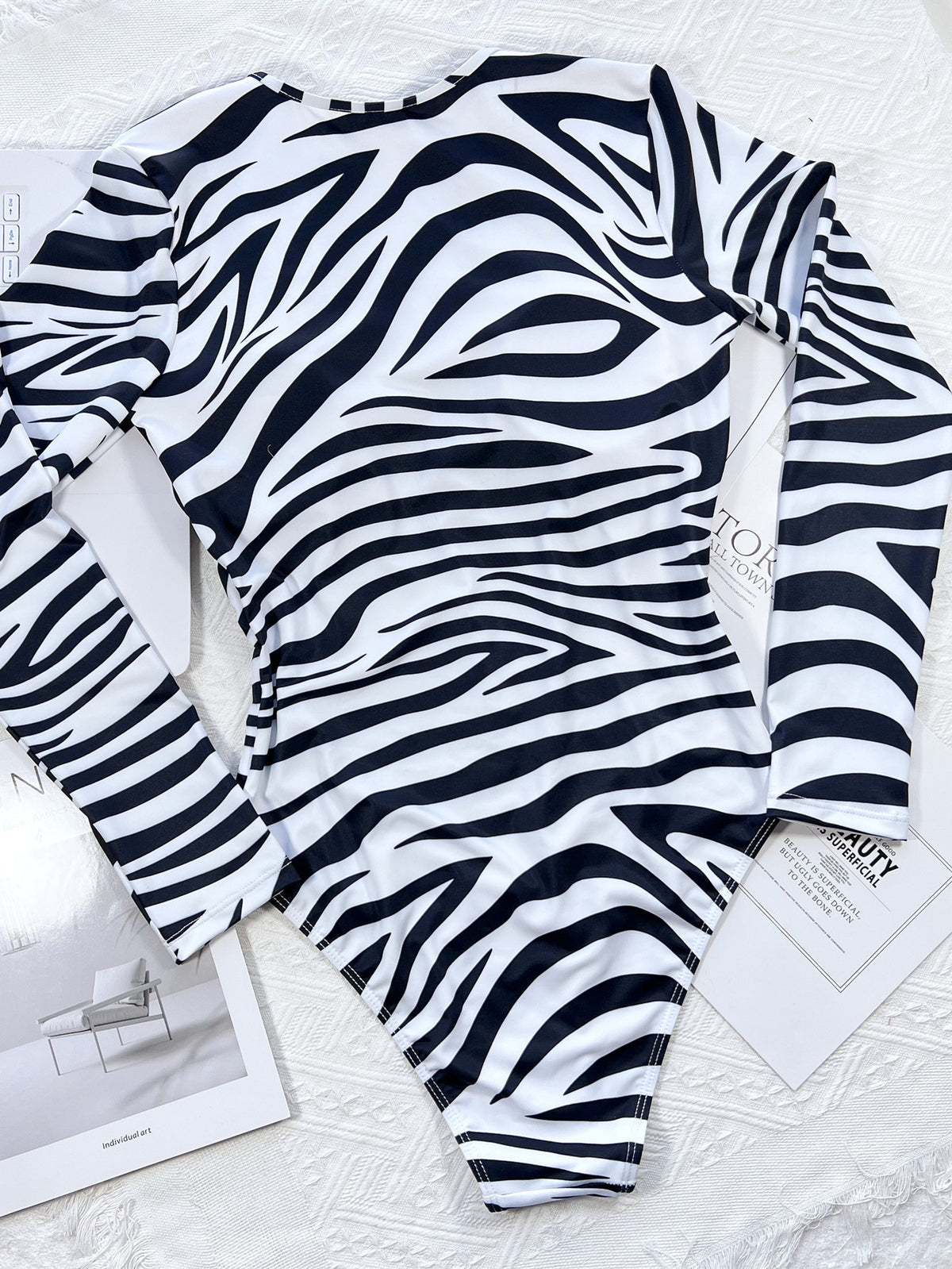 Women's Deep V Zebra Pattern Long Sleeve Swimsuit