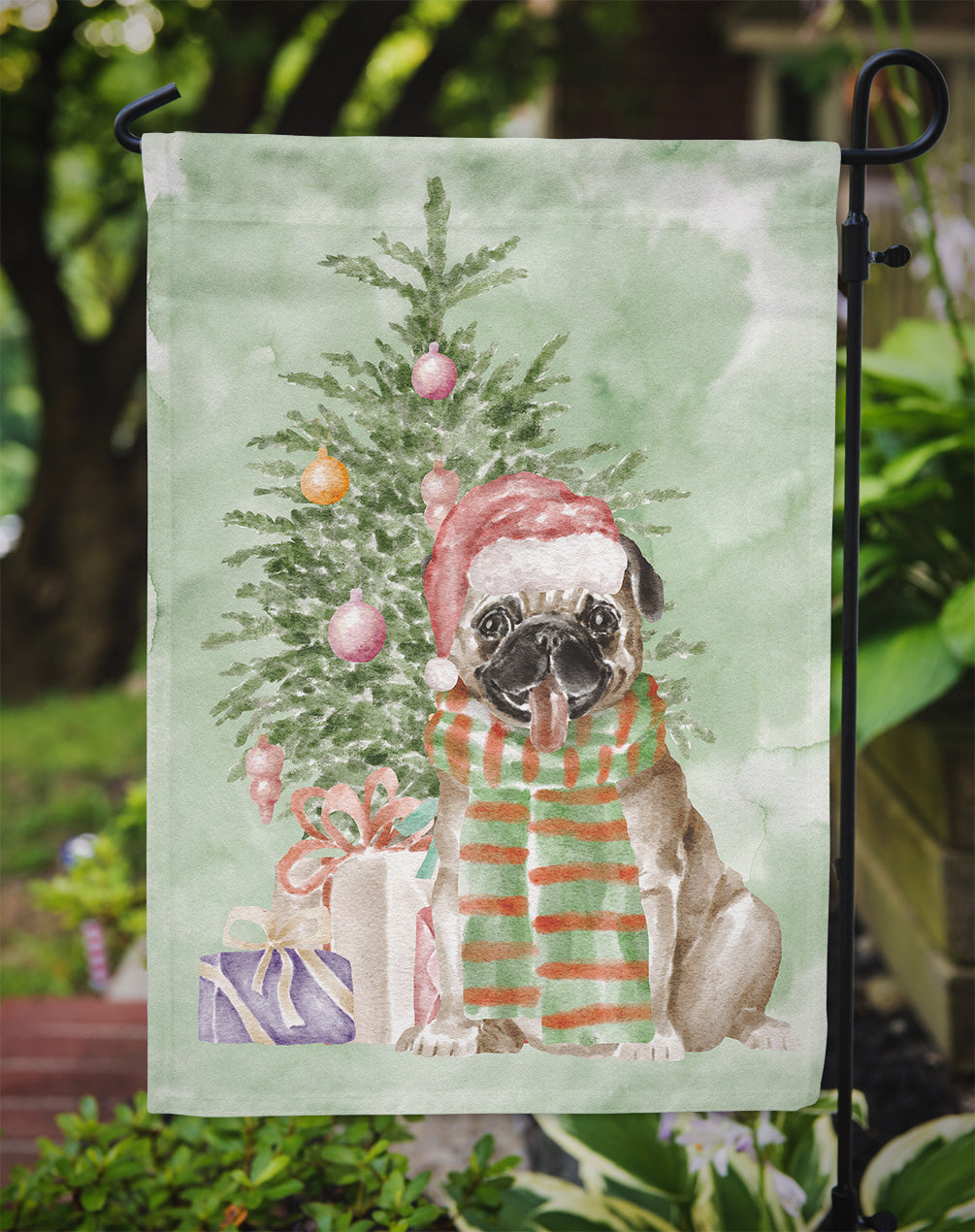 Pug Fawn Christmas Presents and Tree Garden Flag