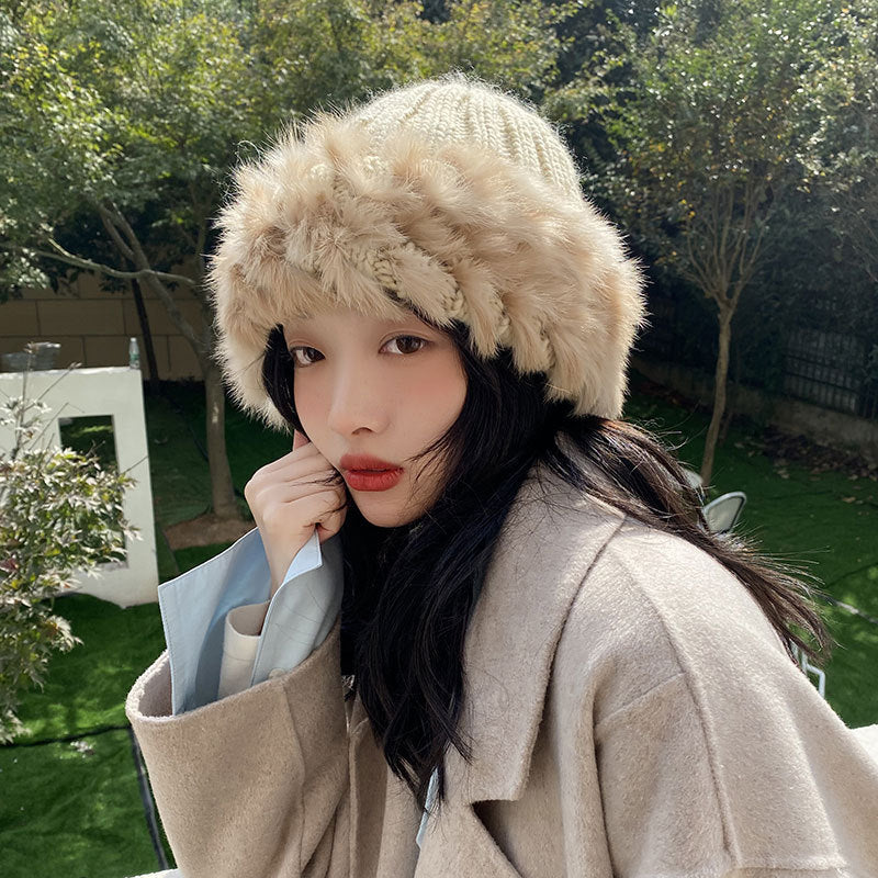 Women's Wool Fur Spliced Fisherman's Hat | Embroidered Cap