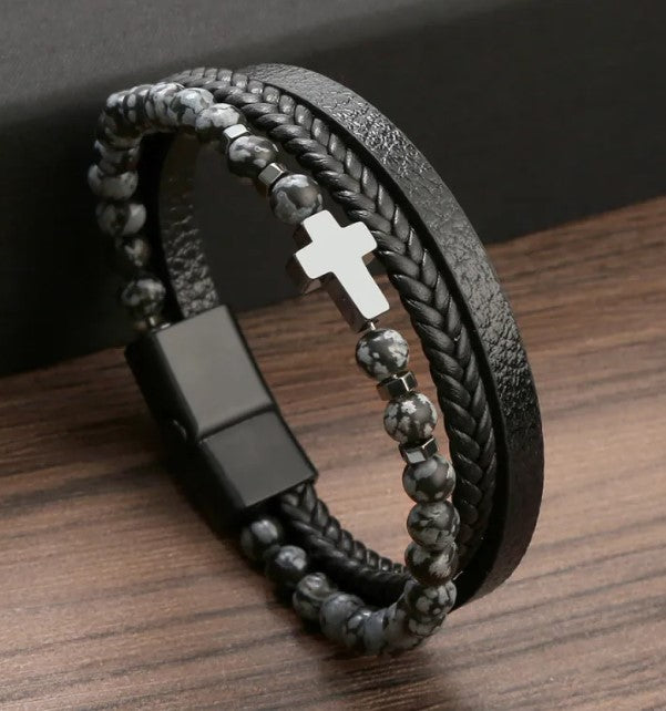 Leather Beaded Cross Bracelet