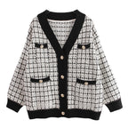 Women's Knitted Plaid Cardigan Jacket - Loose Fit