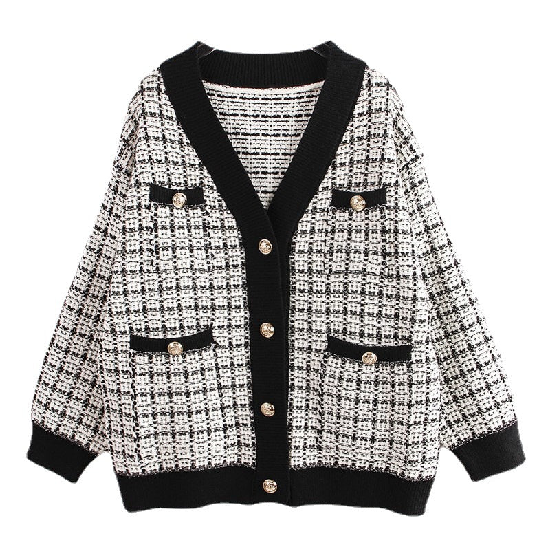 Women's Knitted Plaid Cardigan Jacket - Loose Fit