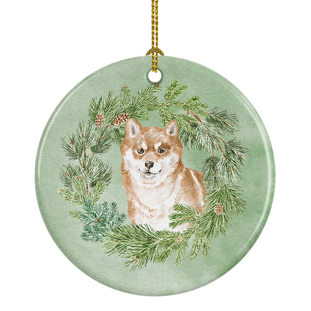 Shiba Inu Sitting Pretty Christmas Wreath Ceramic Ornament