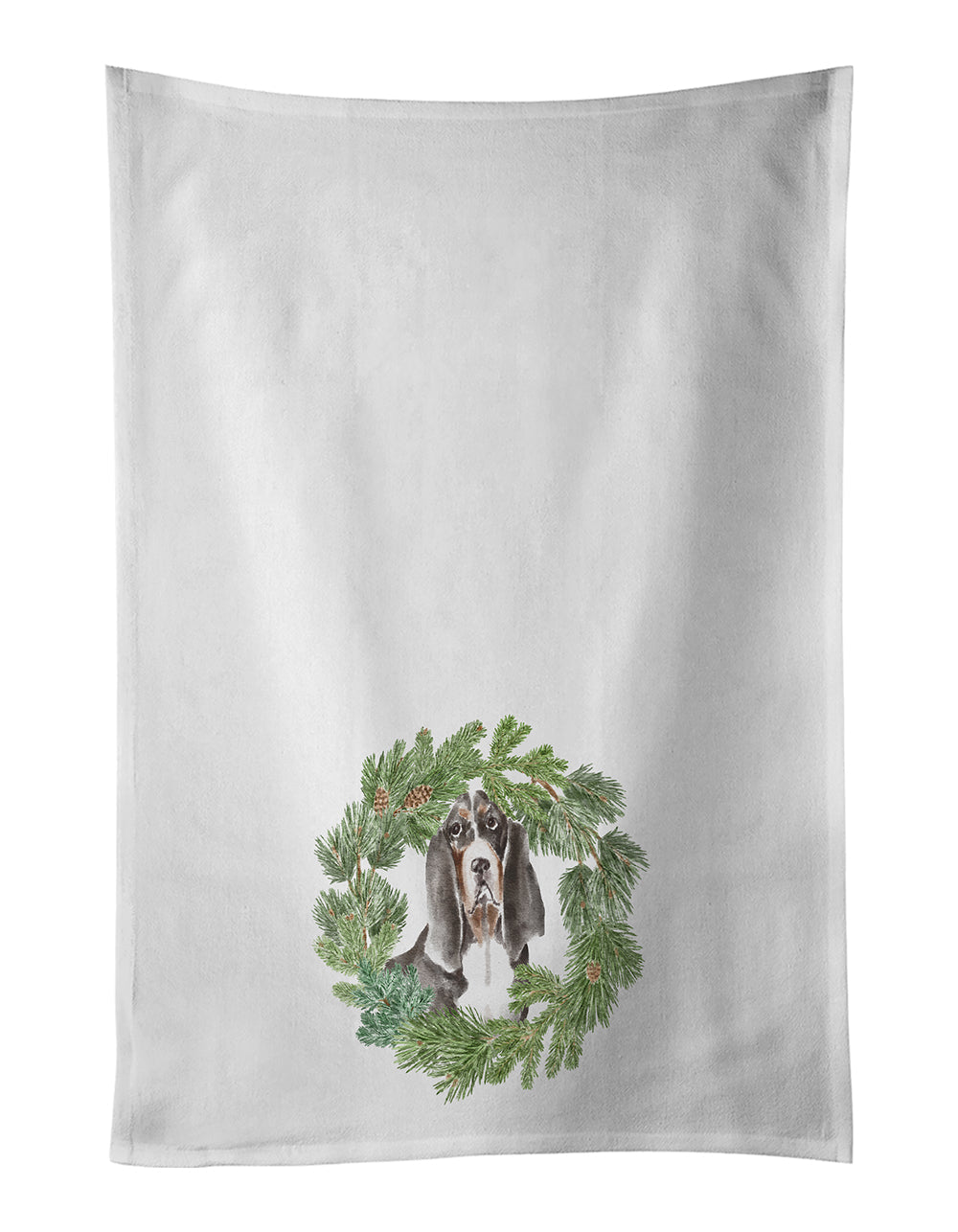 Basset Hound Black White Brown Christmas Wreath Kitchen Towel Set of 2