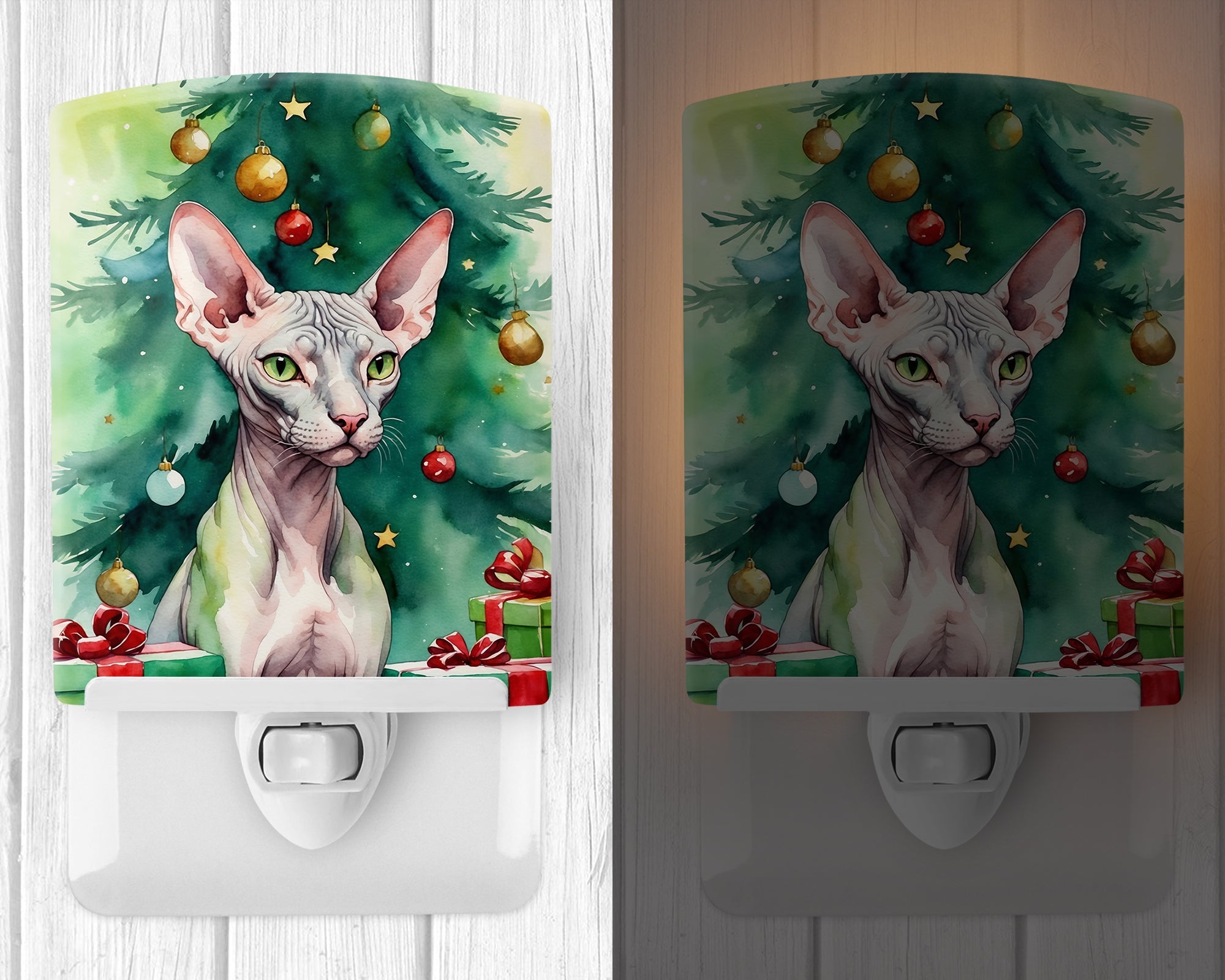 Donskoy Don Sphynx Cat By the Christmas Tree Ceramic Night Light