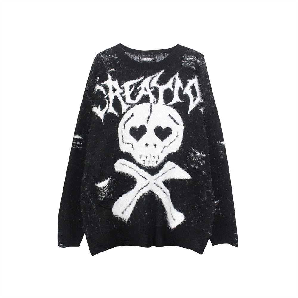 Men's Skull Jacquard Ripped Sweater