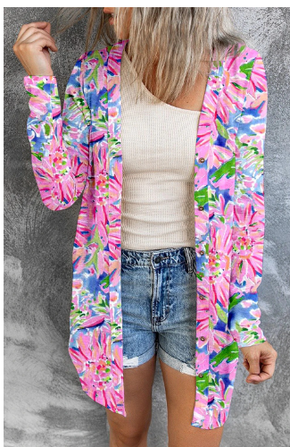 Pink Flower Print Long Sleeve Button-Up Cardigan (1 Piece)