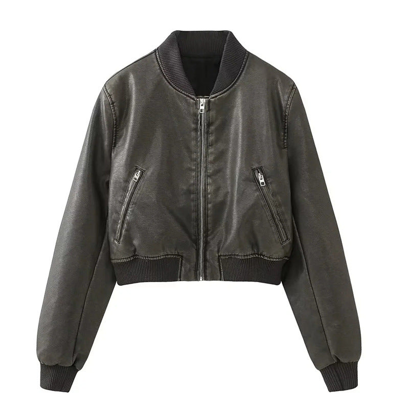 Classic Stand Collar Polished Leather Distressed Coat